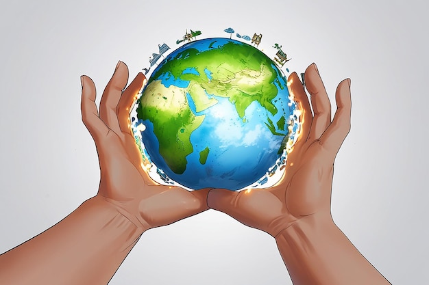 Both hands hold up the green global village