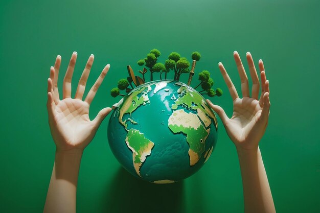 Both hands hold up the green global village