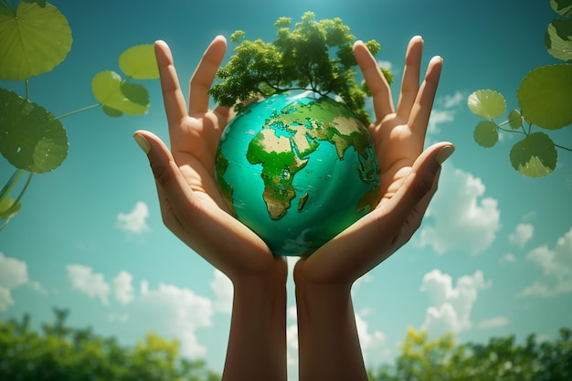 Both hands hold up the green global village