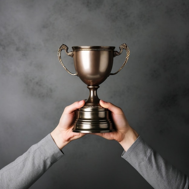 both hands holding a silver trophy champion