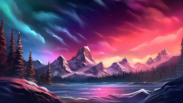 Bothered Mountains with Aurora Borealis Fuchsia Sky Foundation with copyspace Creative resource AI Generated