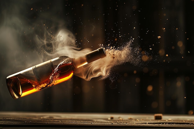 bottle of alcohol falling smoke and dust slow motion on dark background