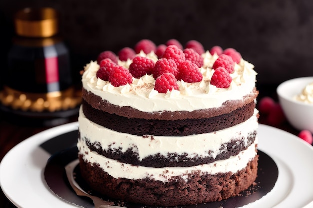 A bottle of alcohol is on the table next to a cake.