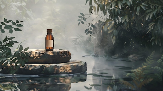 Photo a bottle of alcohol sits on a rock with a reflection of trees in the background