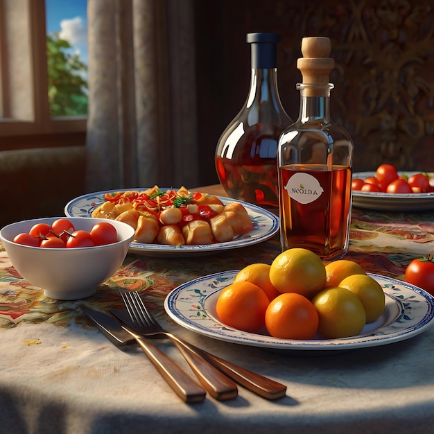 a bottle of alcohol sits on a table with a plate of fruit and a bowl of tomatoes