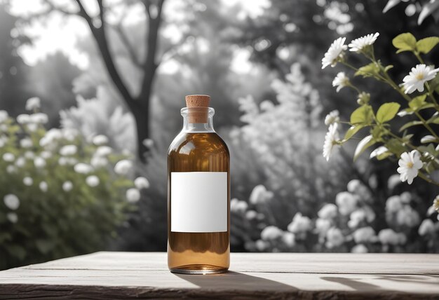 a bottle of alcohol sits on a wooden table with a white label that says quot natural quot