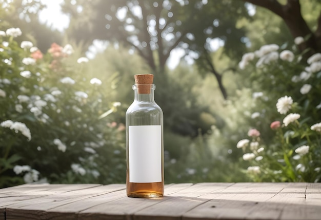 a bottle of alcohol sits on a wooden table