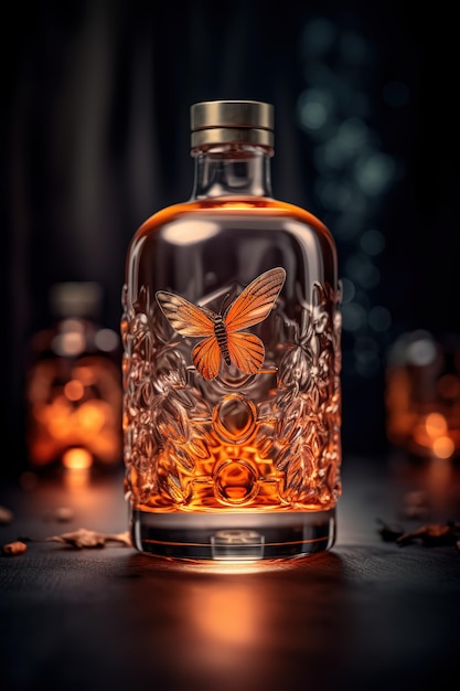 A bottle of alcohol with a butterfly on the label