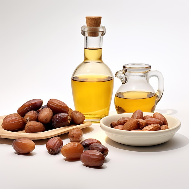 a bottle of almond oil next to a bowl of nuts