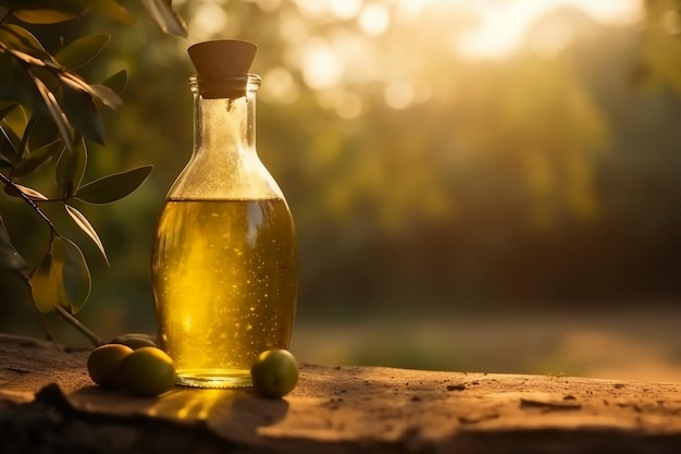 A bottle of almond oil next to a branch of green olives.