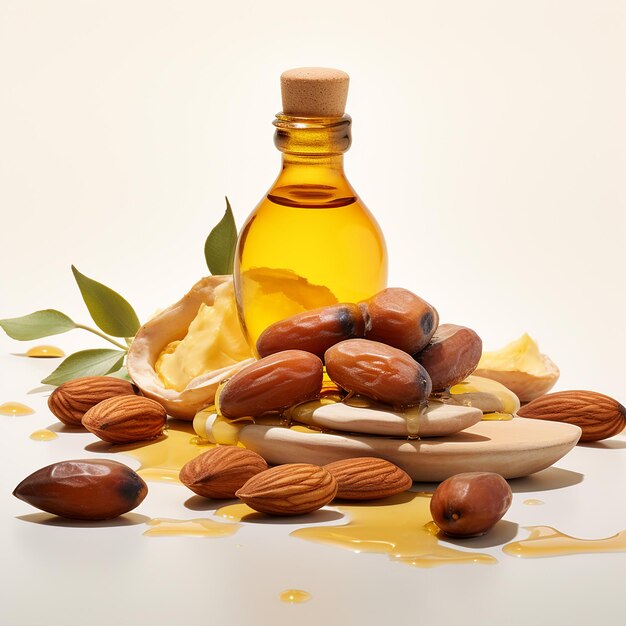 a bottle of almond oil sits on a table with a bottle of almond oil