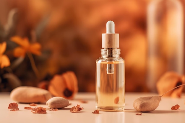 A bottle of almond oil sits on a table with a wooden background and a wooden spoon.