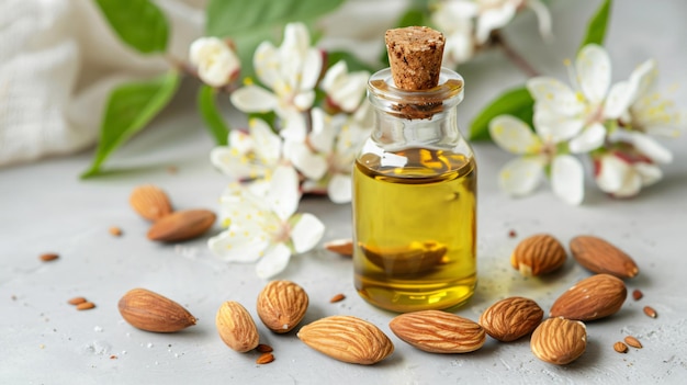 Photo a bottle of almond oil with whole almonds and almond blossoms placed on a light background