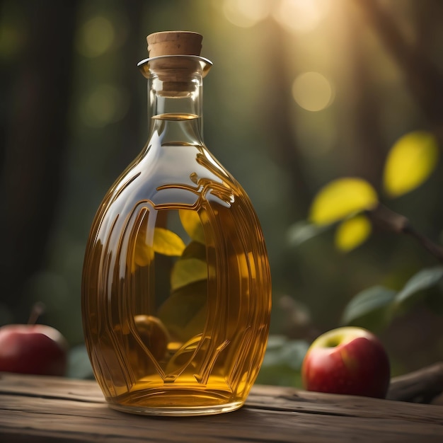 A bottle of apple cider next to a red apples.