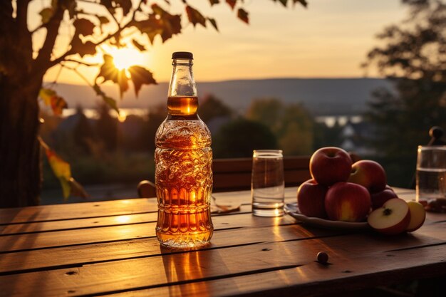 a bottle of apple cider sits on a table in front of a sunset