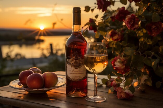 a bottle of apple cider sits on a table in front of a sunset