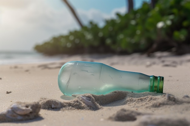 A bottle on a beach is lying on the sand.