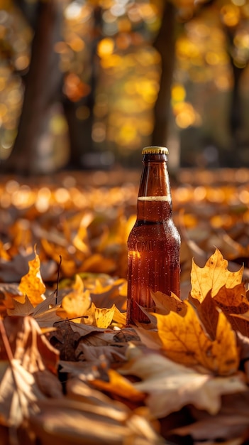 Bottle of beer on autumn leaves pile with fall park background