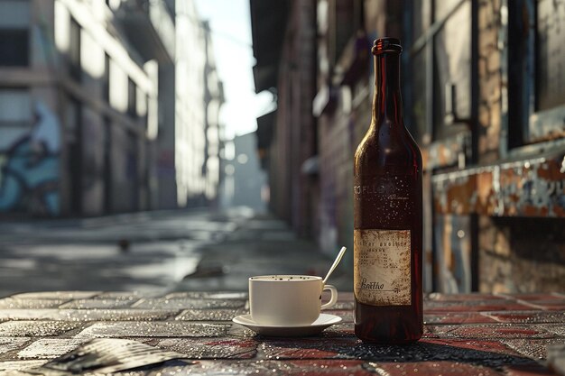 a bottle of beer next to a cup of coffee