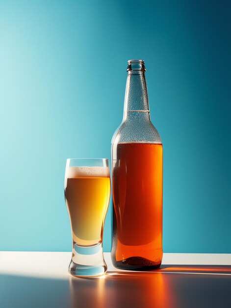 A bottle of beer and a glass of beer are on a table.