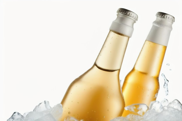 Bottle of beer in ice on a white background Generative AI