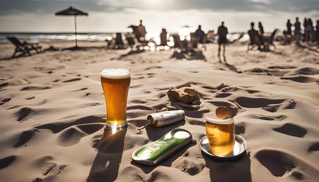 a bottle of beer and a pack of cigarettes on a beach