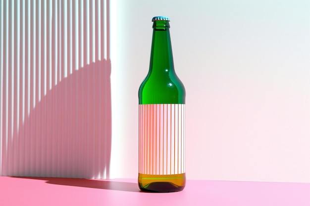 Bottle of beer on a pink and white background with a shadow