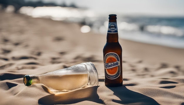 a bottle of beer sits next to a bottle of beer