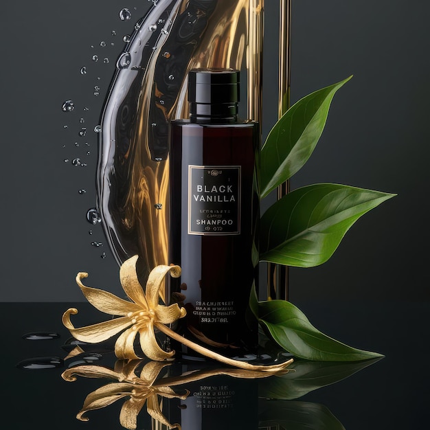 a bottle of black perfume with a gold flower in the background