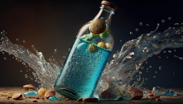 A bottle of blue liquid is filled with rocks and is surrounded by water.