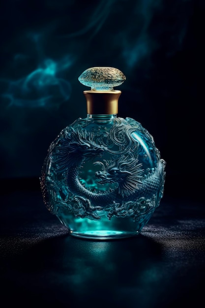 A bottle of blue liquid with a dragon on the front.