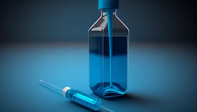 A bottle of blue liquid with a syringe next to it