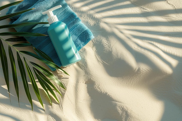 A bottle of blue lotion is on a towel on the beach