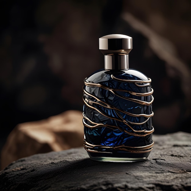 Photo a bottle of blue perfume sits on a rock