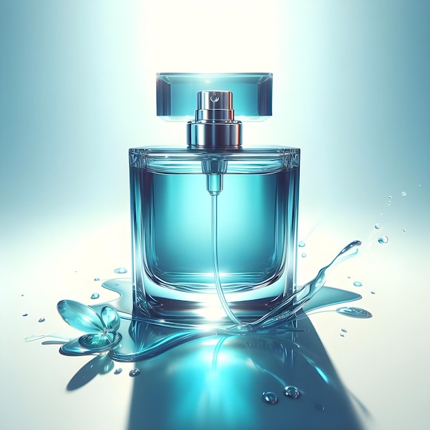 a bottle of blue perfume on a white background with a reflection generative ai