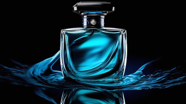 A bottle of blue perfume with a blue cover and the word perfume on it.