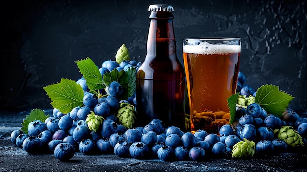 Bottle of blueberry beer on dark wooden surface fresh blueberries and sprigs of hops AI Generated