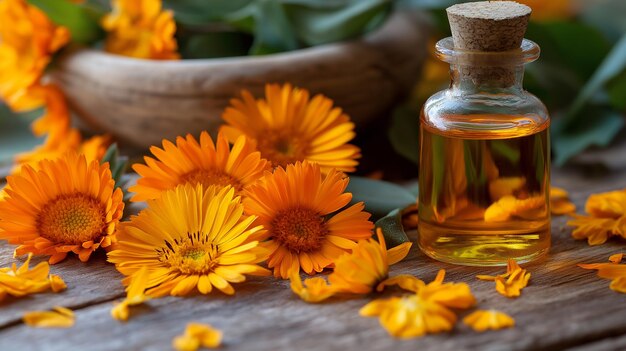 Photo a bottle of calendula oil with fresh calendula flowers on a rustic wooden table