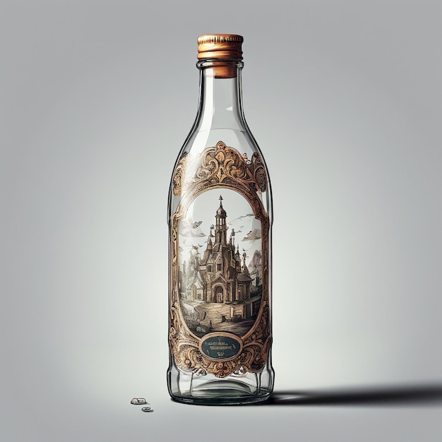 a bottle of castle with a drawing of a city on it