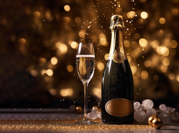 a bottle of champagne and a full glass with a Christmas background