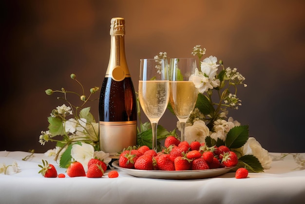 Bottle of champagne a glass roses in a vase and fresh strawberries on a plate on the table Romantic breakfast for a couple in love