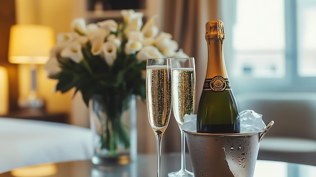 A bottle of champagne in a silver ice bucket with two glasses and white flowers in the background