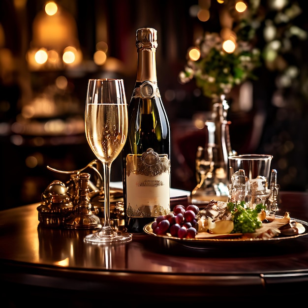 Bottle of Champagne with Glass on Restaurant Table with Opulent Settings