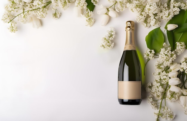 Bottle of champagne with roses and white flowers on a white background for mock up