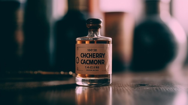 A bottle of cherub sits on a table with a key chain in the background.