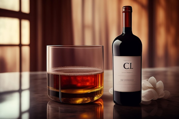 A bottle of cl wine next to a glass of wine.