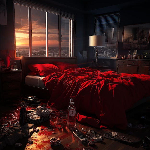 a bottle of coca cola sits on a messy bed.