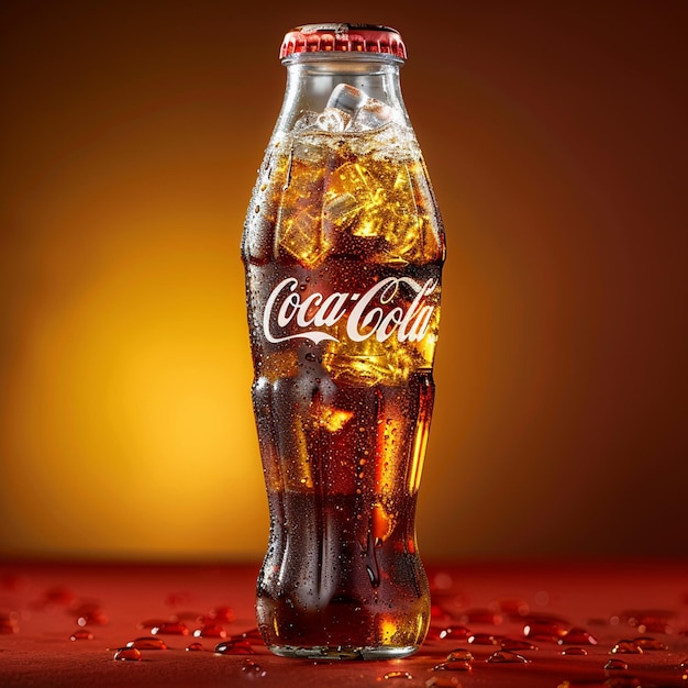 a bottle of coca cola sits on a red surface