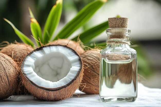 Photo a bottle of coconut oil next to a coconut with a plant in the background