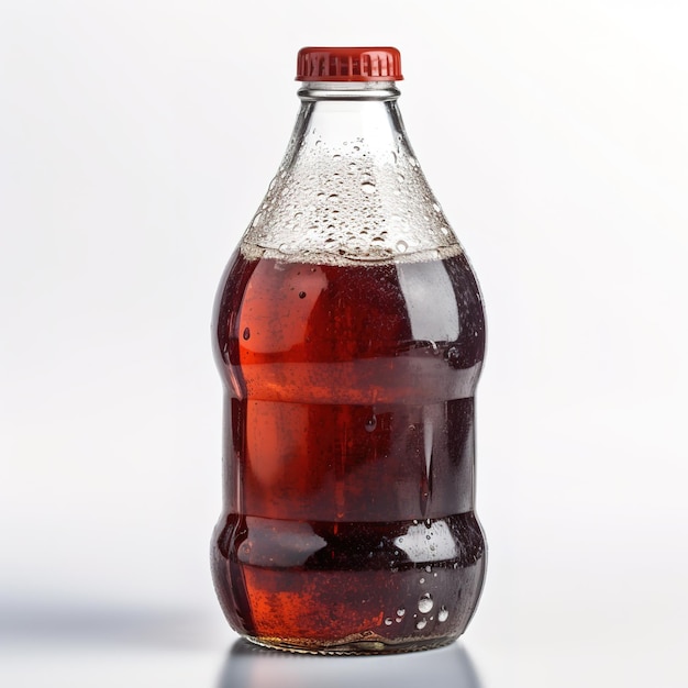 A bottle of cola sits on a white surface.